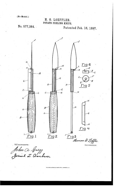 Patent drawing showing three elevation views (Figs. 1-3) of a potato-peeling knife with a tapered wooden handle, a pivoting peeling blade near the top, and a pointed corer-tip blade J, alongside detail views (Figs. 4-6) of the separate peeling blade and its ferrule bearing components.