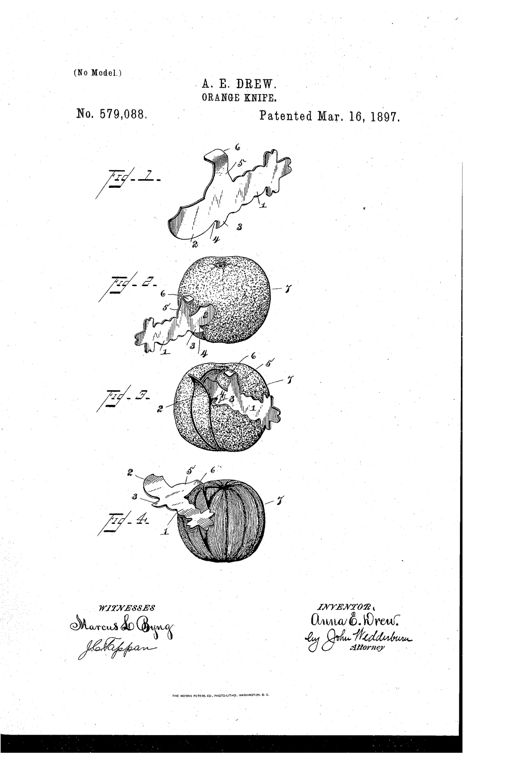 Four line drawings show a bird-shaped sheet-metal orange knife with a handle, tongue, tooth, and flanged arm, used in sequence to cut, peel, and section an orange.