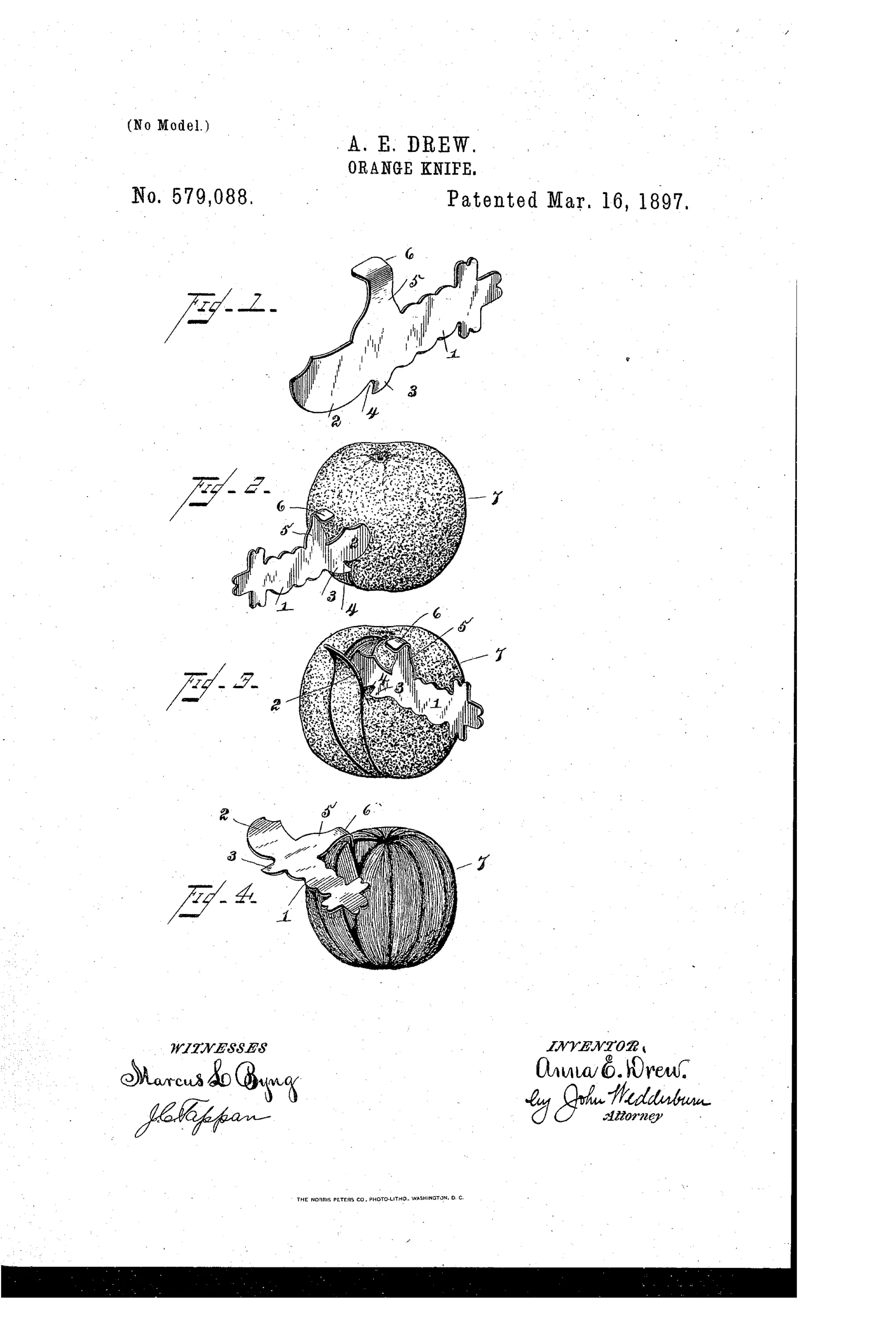 Four line drawings show a bird-shaped sheet-metal orange knife with a handle, tongue, tooth, and flanged arm, used in sequence to cut, peel, and section an orange.