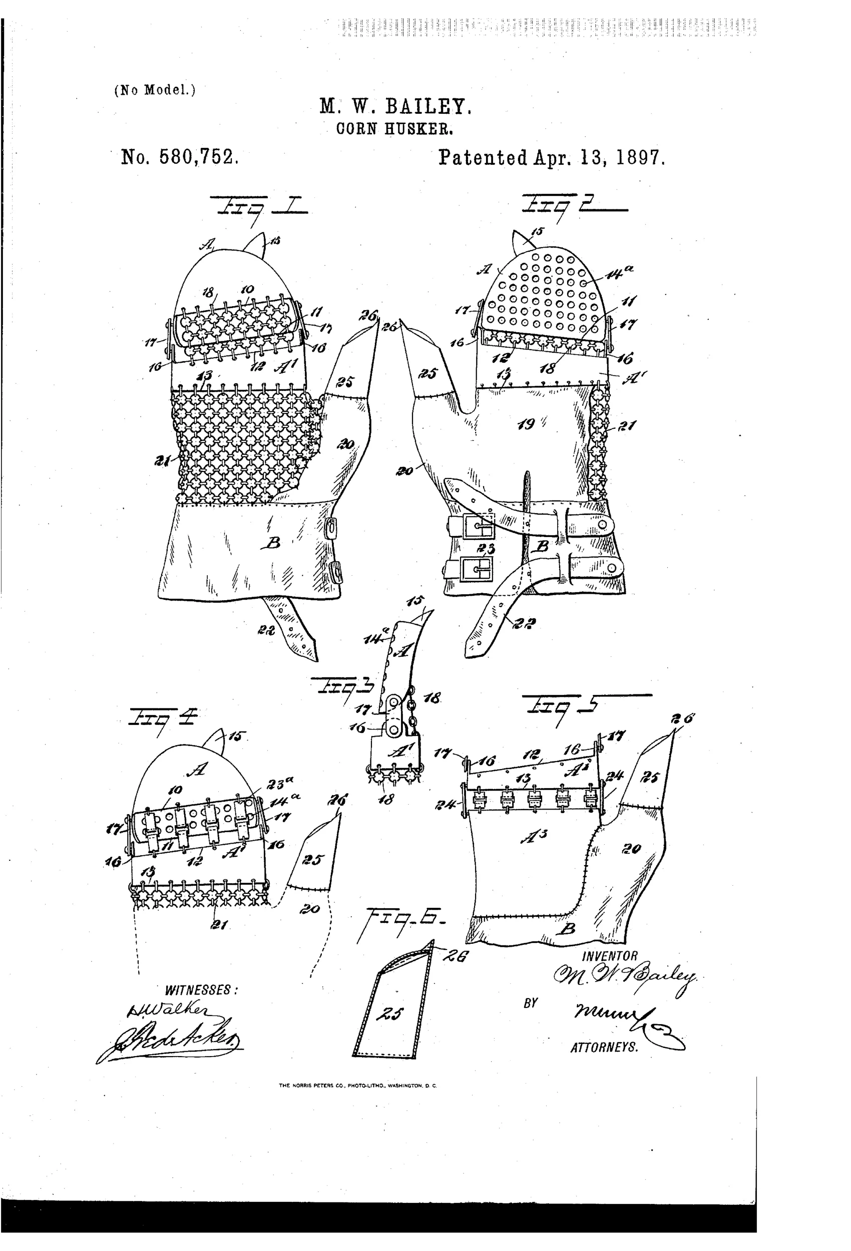 Patent drawing of a leather and metal-mesh husking glove showing a hinged metal finger-cap with a pointed husking hook, a linked wire-ring palm and cuff, buckled wrist straps, and a rigid thumb ferrule with a nail-like flange.