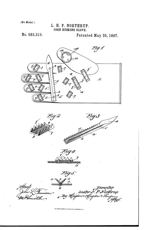 Patent drawing of a husking glove showing the palm covered with small serrated metal plates and a curved pointed V-shaped pin running across the palm and fingers, with a circular serrated plate on the thumb.