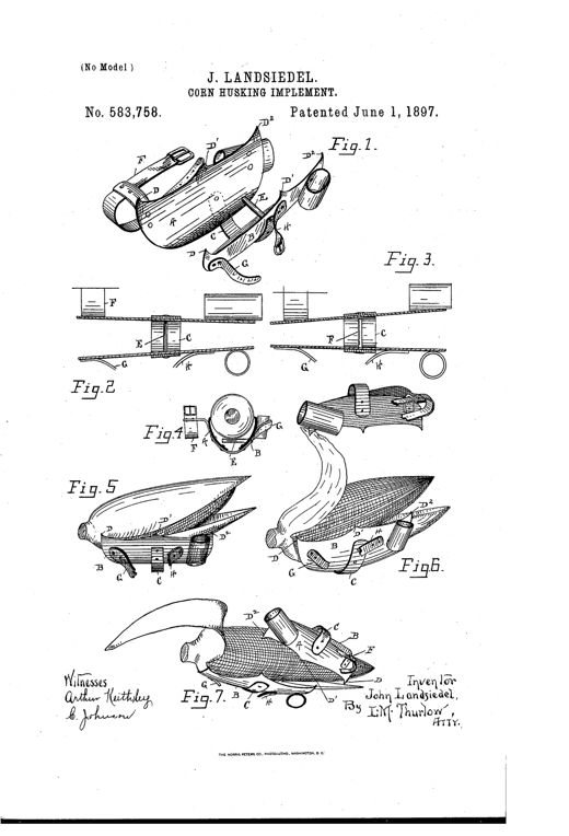 Patent drawing of a hand-held corn-husking device made of two curved metal plates joined by a spring, with pointed grippers and wrist and finger straps, shown in multiple views including one clutching an ear of corn.