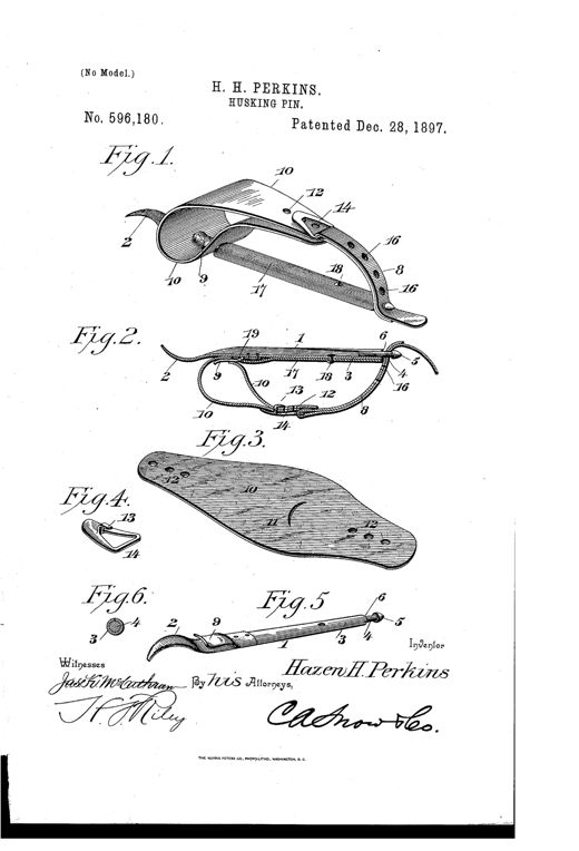 Technical patent drawing of a curved metal husking pin with a leather guard-strap forming a finger loop, an adjusting strap, and a rear knob, shown in six labeled figures.