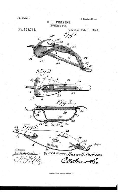 Patent drawing of a metal husking pin with a curved point, a leather finger-stall strap looped through slotted stop-plates, an adjusting strap with a buttoned knob at the rear, and a rubber-covered handle grip.