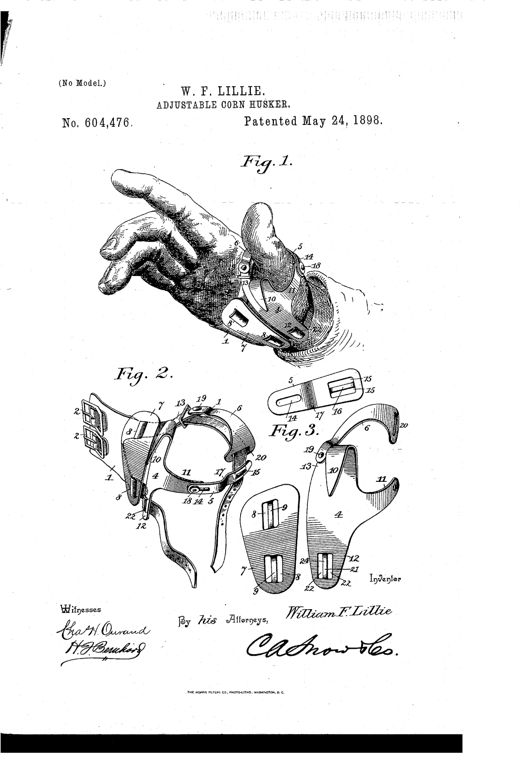A patent drawing showing a hand wearing a metal and fabric corn-husking device with a curved hook over the thumb, straps around the wrist, and separate detailed views of the metal plates and hook components below.