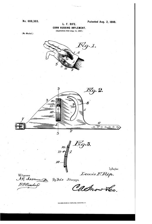 Drawing of a leather hand-worn corn husking implement showing a curved hook mounted on a metal plate strapped across the palm and thumb with a buckle fastener at the wrist.