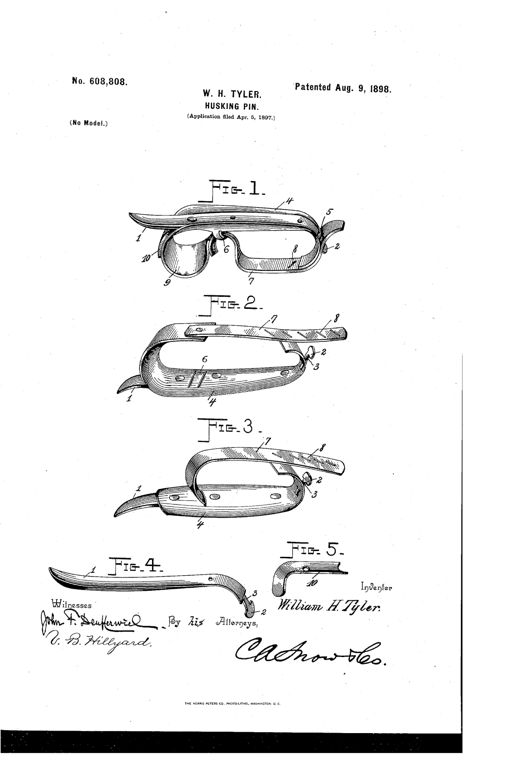 Line drawing of a curved metal husking pin with a pointed tip and a T-headed hook end, fitted with a leather strap and finger guard, shown in five labeled figures illustrating assembly and strap variations.