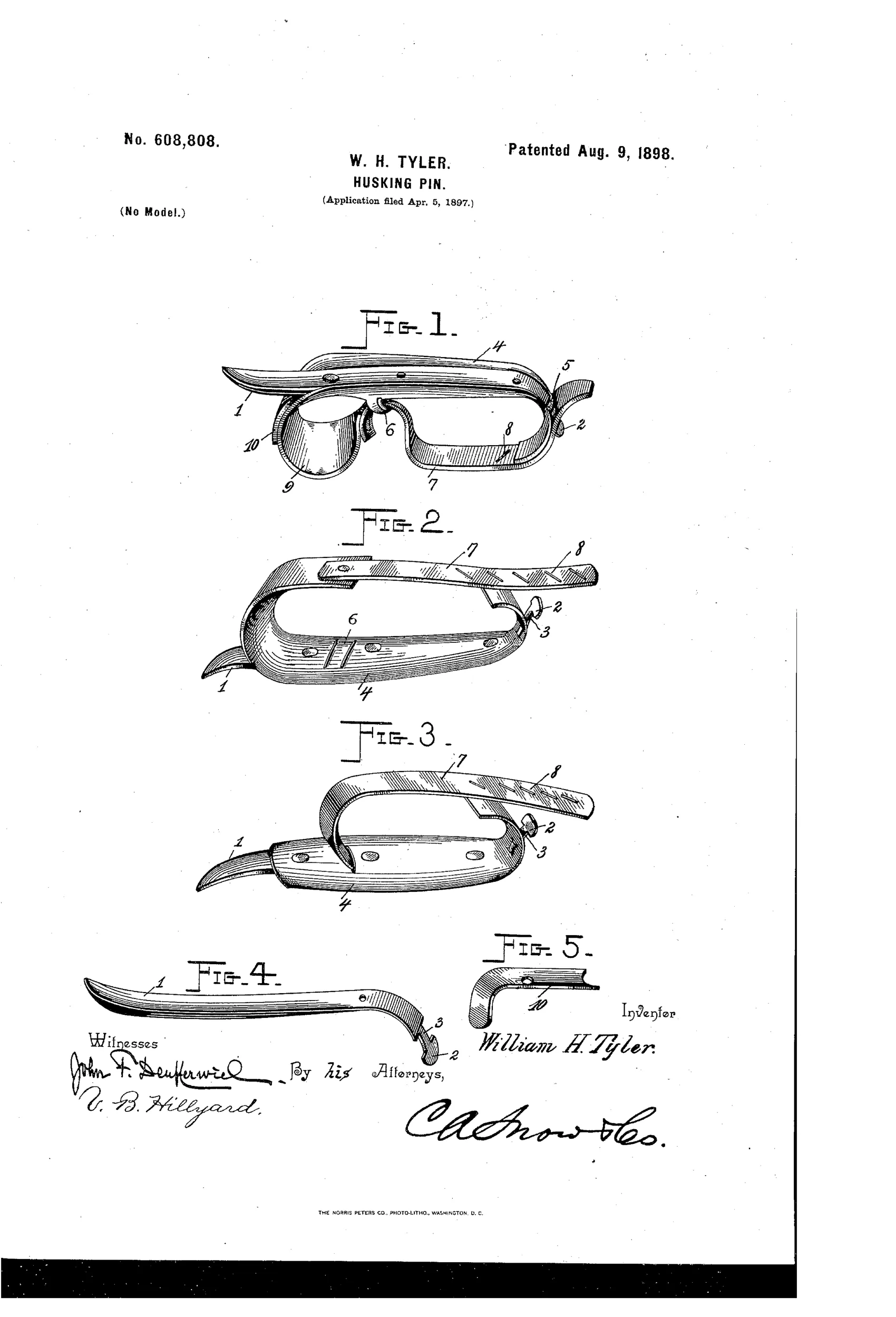 Line drawing of a curved metal husking pin with a pointed tip and a T-headed hook end, fitted with a leather strap and finger guard, shown in five labeled figures illustrating assembly and strap variations.