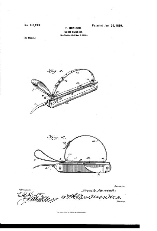 Patent drawing of a folding corn-husker tool showing a handle with a pivoted knife and husking peg, plus leather straps and a buckle for attaching it to the hand, in both extended and folded views.