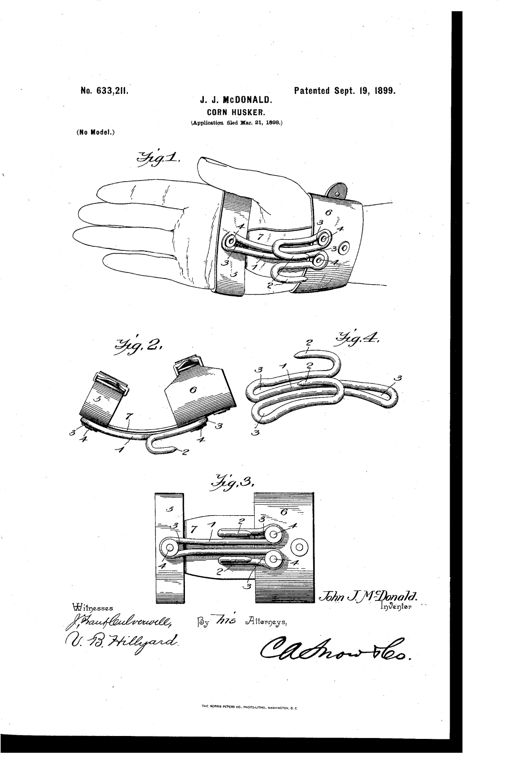 Patent drawing of a hand wearing a wire corn-husking device with a strap around the palm, a strap around the wrist, and curved hooks projecting near the base of the fingers.