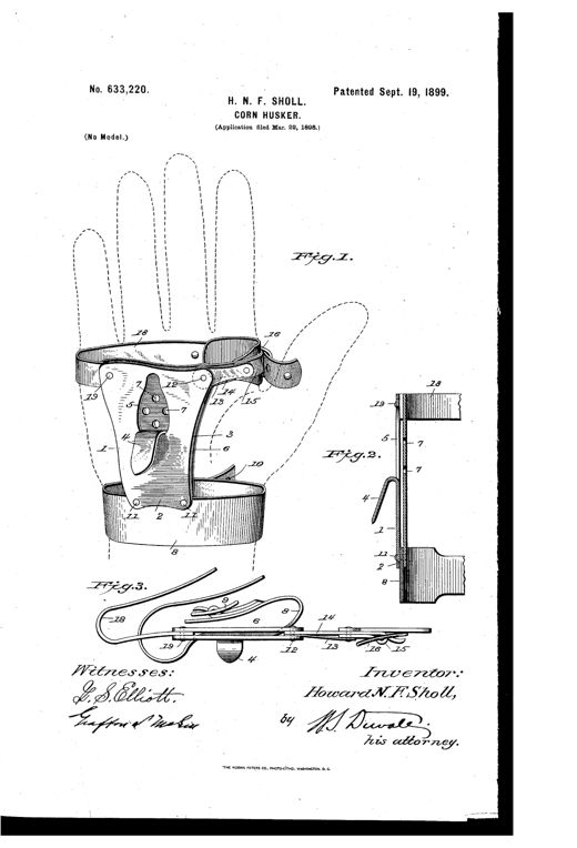 Patent drawing showing a hand outlined in dashed lines wearing a strapped metal and leather corn-husking device with a triangular palm plate, a bent-up husking peg, buckled wrist strap, and a side sectional detail of the plate and pad assembly.