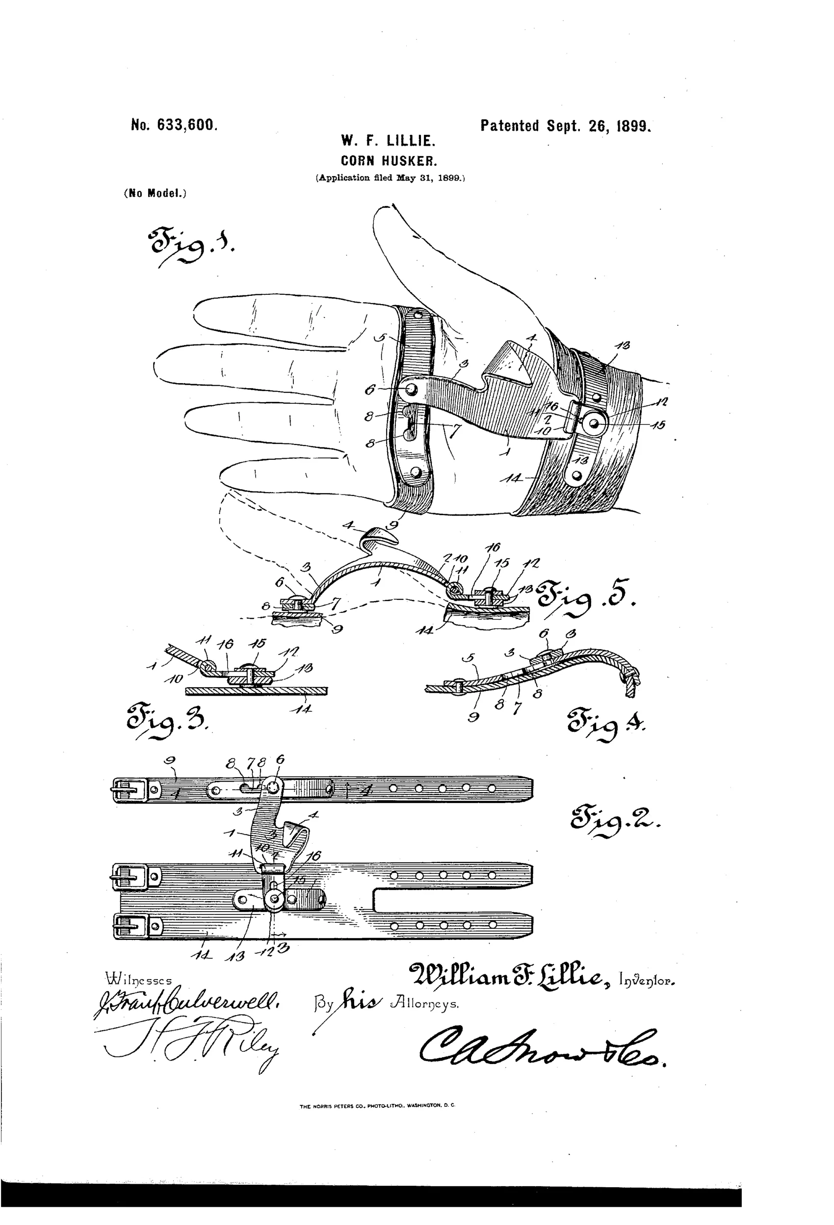 Patent drawing of a hand-worn corn husker showing a curved metal plate arching over the thumb base with a hook, attached to buckled palm and wrist straps, with detail views of the hinge and slot mechanisms below.
