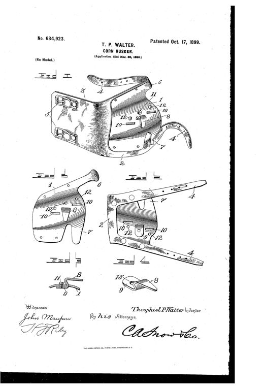 Patent drawing of a curved metal hand plate with a strap and buckles, fitted with an adjustable hook that slides into a row of slots, shown from multiple perspective and detail views including the hook and screw fastening mechanism.