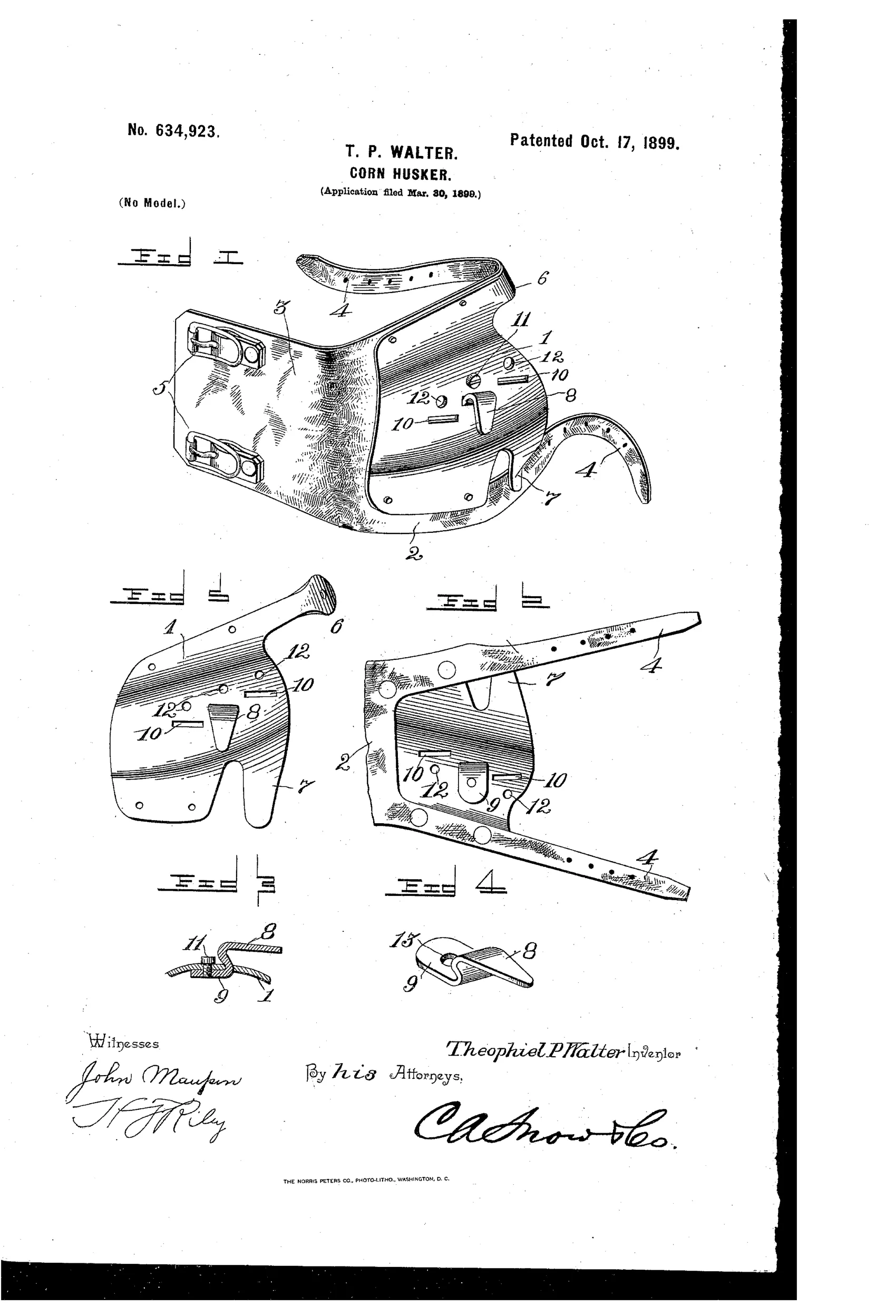 Patent drawing of a curved metal hand plate with a strap and buckles, fitted with an adjustable hook that slides into a row of slots, shown from multiple perspective and detail views including the hook and screw fastening mechanism.