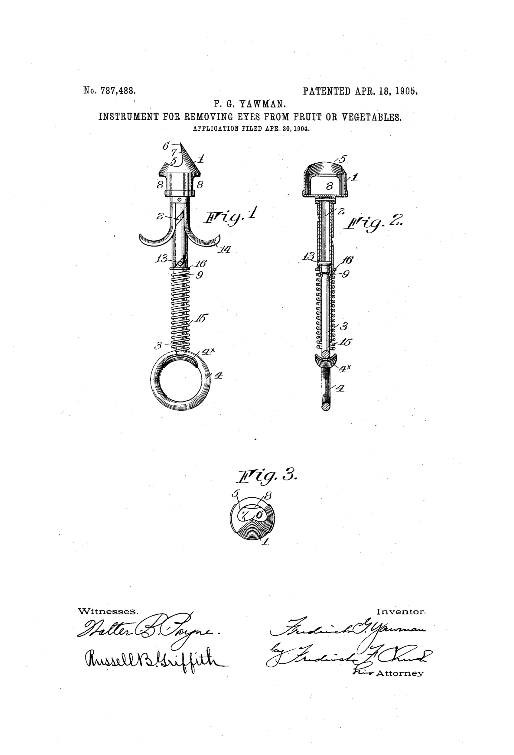 Patent drawing of a hand-held rotary coring tool with a conical cutting tip, a threaded shaft with a coiled return spring, a sliding sleeve with curved finger arms, and a thumb loop at the base, shown in side view, cross-section, and top view.