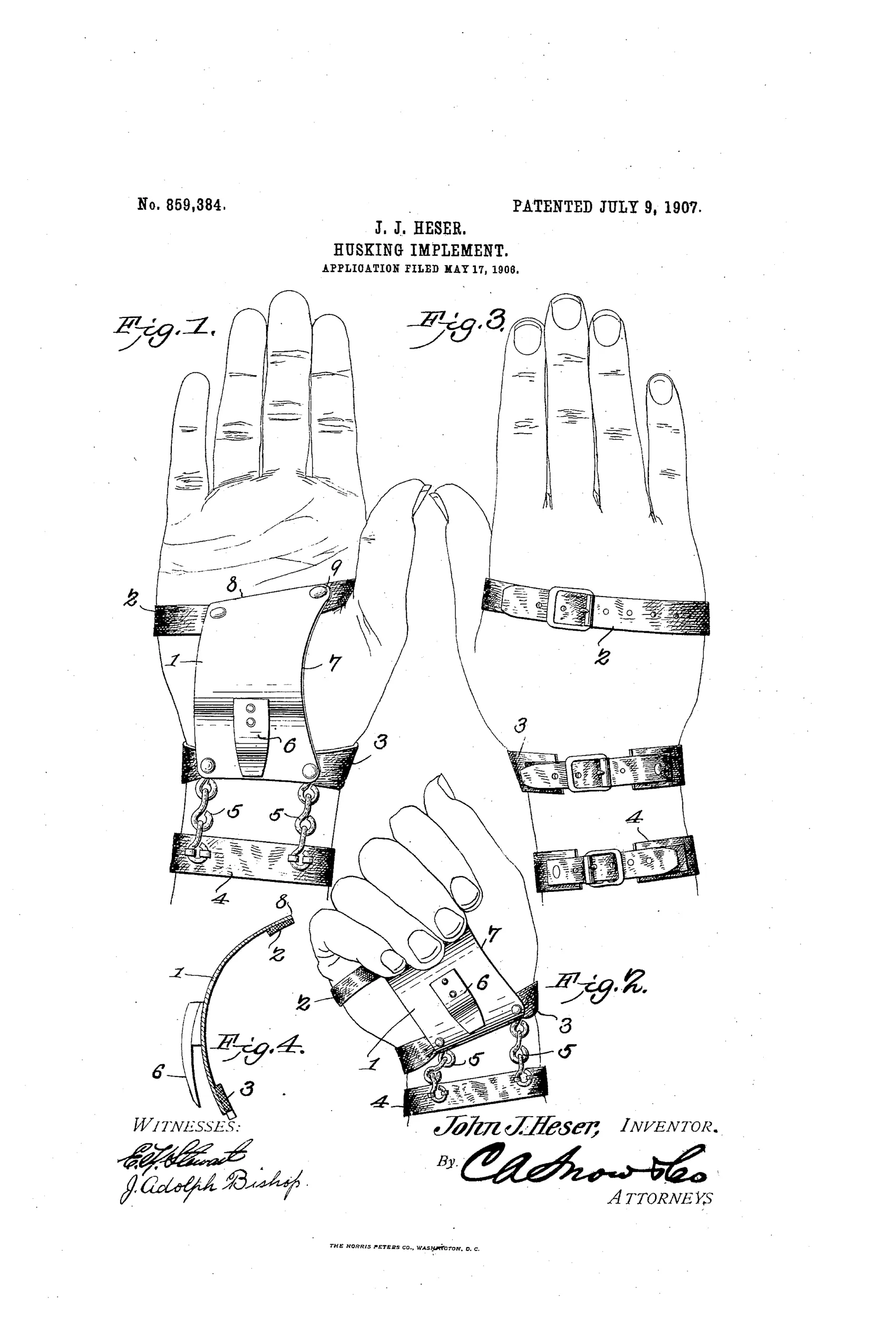 Patent drawing showing a hand wearing a leather husking device with straps across the palm, back of hand, and wrist, connected by chains, with an inset edge view of the curved husking plate and peg.