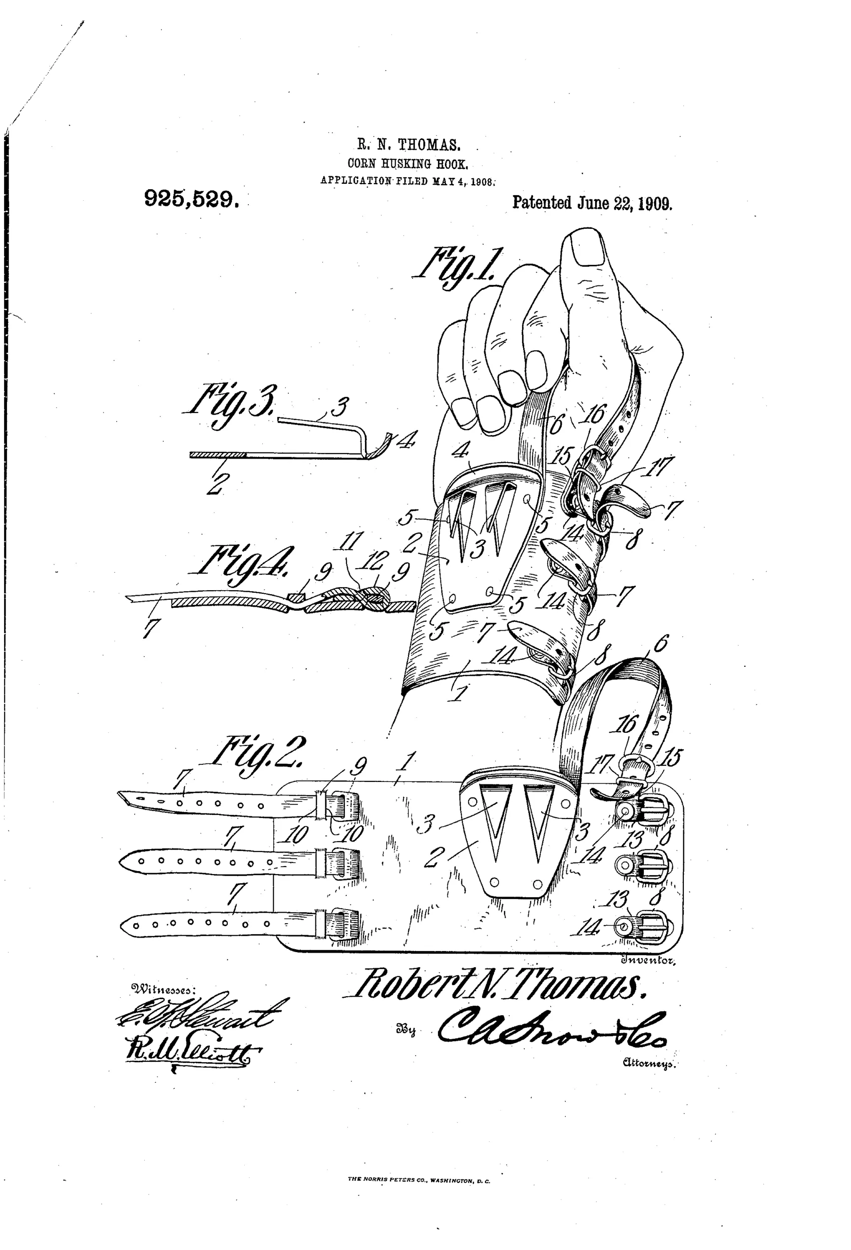 Patent drawing of a hand wearing a leather wrist band fitted with a metal husking plate bearing two upturned prongs, with detailed views of the buckle straps and plate cross-section.