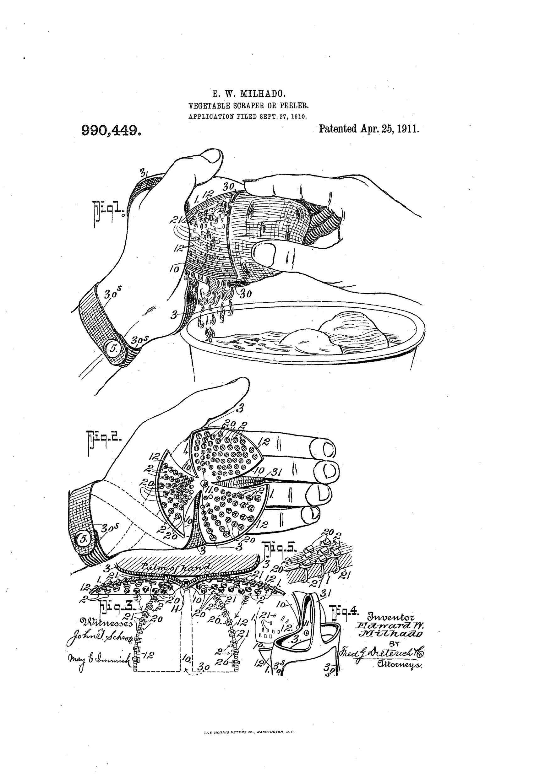 Patent drawing of a hand wearing a leather palm-mounted vegetable scraper with metal pin projections, shown in use scraping a potato over a bowl, plus detail views of the disk-shaped scraper body and its strap harness.
