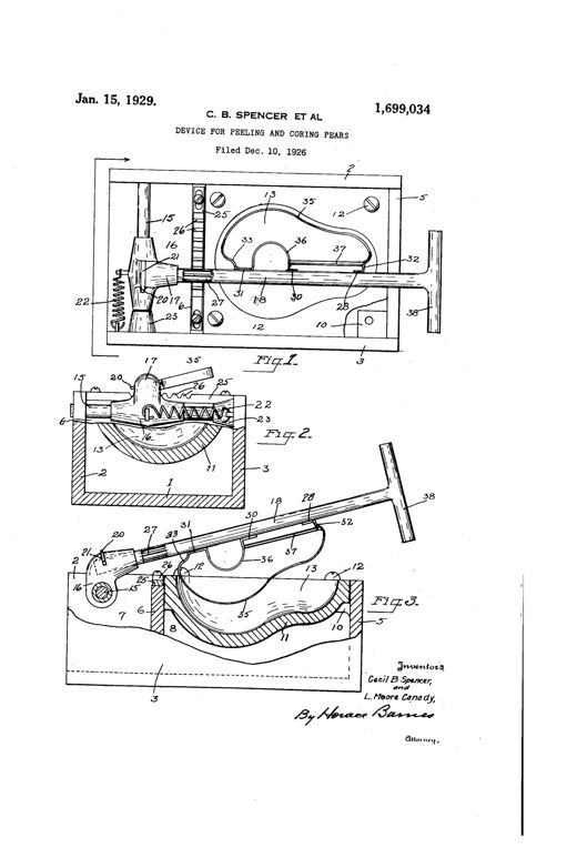 Patent drawing of a mechanical pear peeling and coring device showing a rectangular cast frame with a curved fruit receptacle, a pivoting knife shaft with peeling, coring, and stemming blades, a rack-and-pinion mechanism along one wall, a coil return spring, and a T-shaped crank handle for turning the shaft.