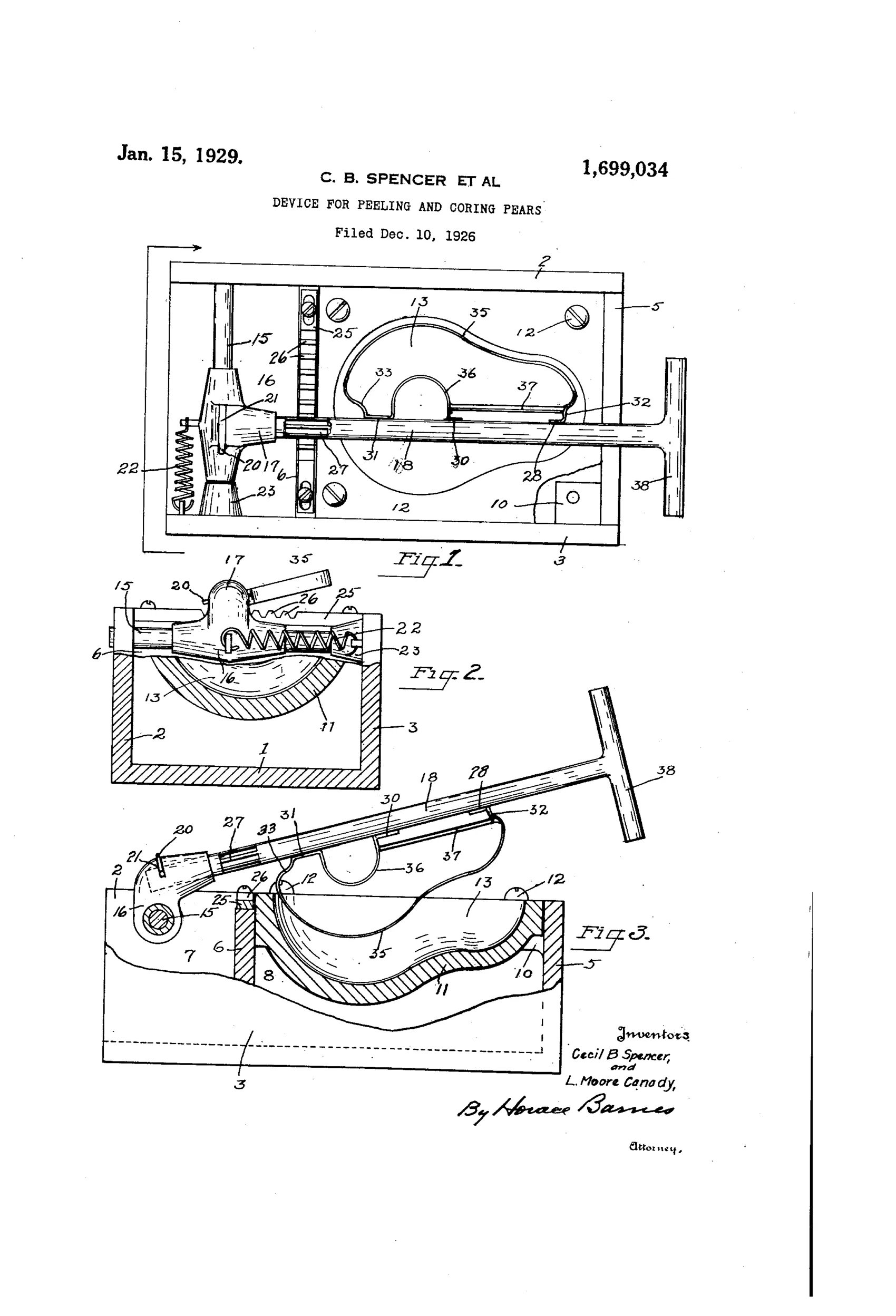 Patent drawing of a mechanical pear peeling and coring device showing a rectangular cast frame with a curved fruit receptacle, a pivoting knife shaft with peeling, coring, and stemming blades, a rack-and-pinion mechanism along one wall, a coil return spring, and a T-shaped crank handle for turning the shaft.
