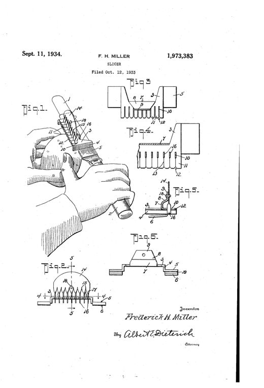 Patent drawing showing a hand gripping a table knife fitted with a comb-like slicing attachment along the blade, plus detailed cross-section views of the slotted frame and twisted cutting blades.
