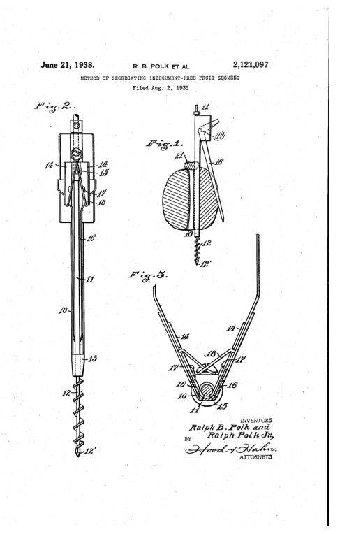 Line drawing of a slender V-shaped fruit-peeling tool with a rotating auger tip, hinged carrier plates, and pivoted stripper blades, shown inserted into a grapefruit and in cross-section.