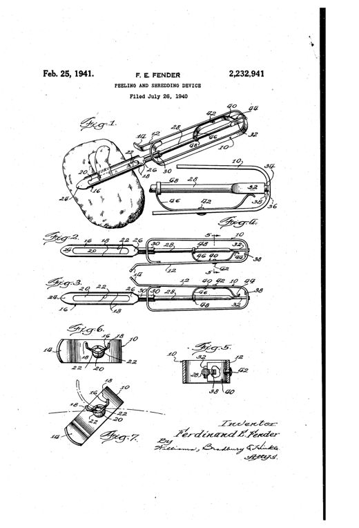 Line drawing of a hand-held peeling and shredding tool with an oval wire handle, a curved U-shaped blade with a slotted cutting edge, and a finger rest, shown peeling a potato and in several plan and sectional views illustrating the blade's rotating and sliding shaft mechanism.