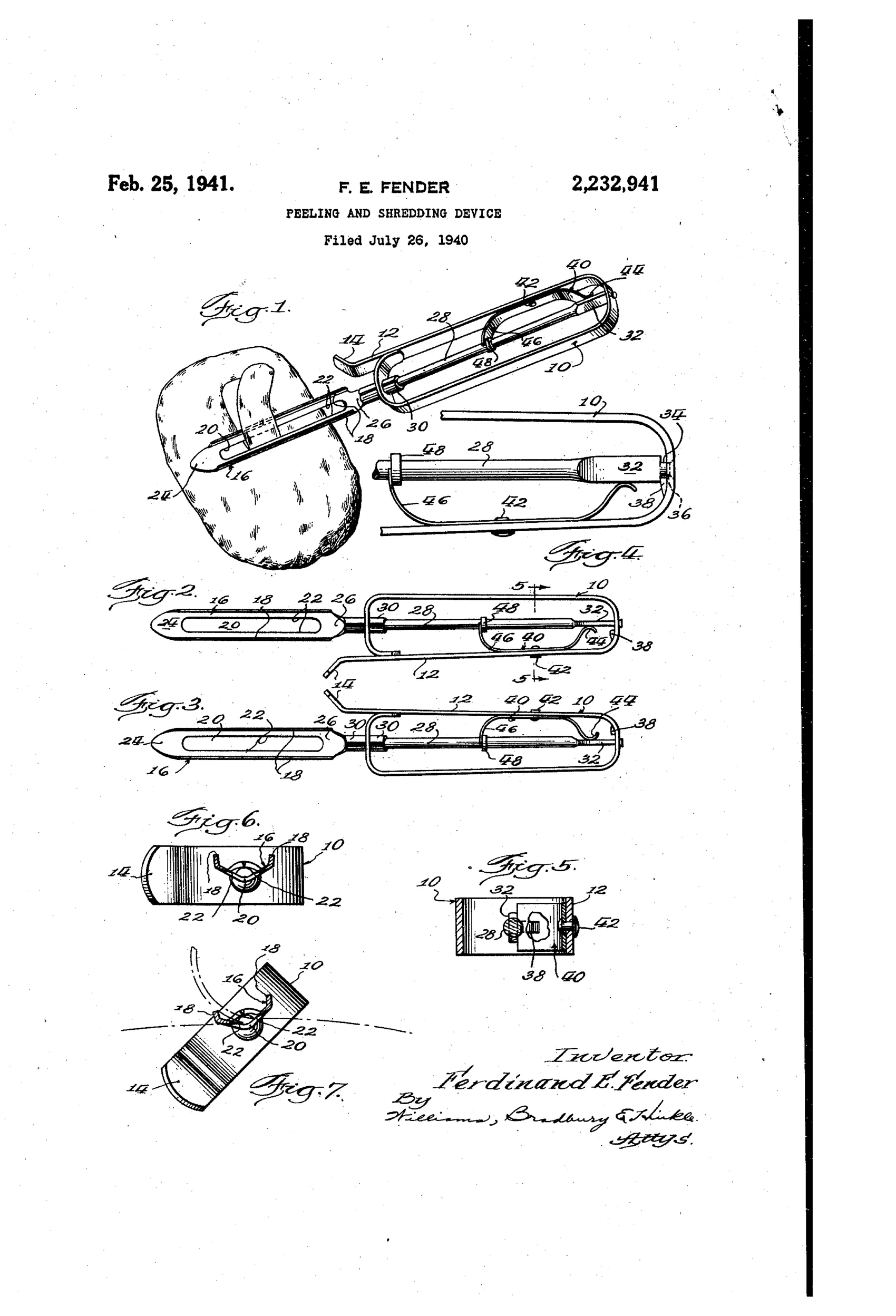 Line drawing of a hand-held peeling and shredding tool with an oval wire handle, a curved U-shaped blade with a slotted cutting edge, and a finger rest, shown peeling a potato and in several plan and sectional views illustrating the blade's rotating and sliding shaft mechanism.